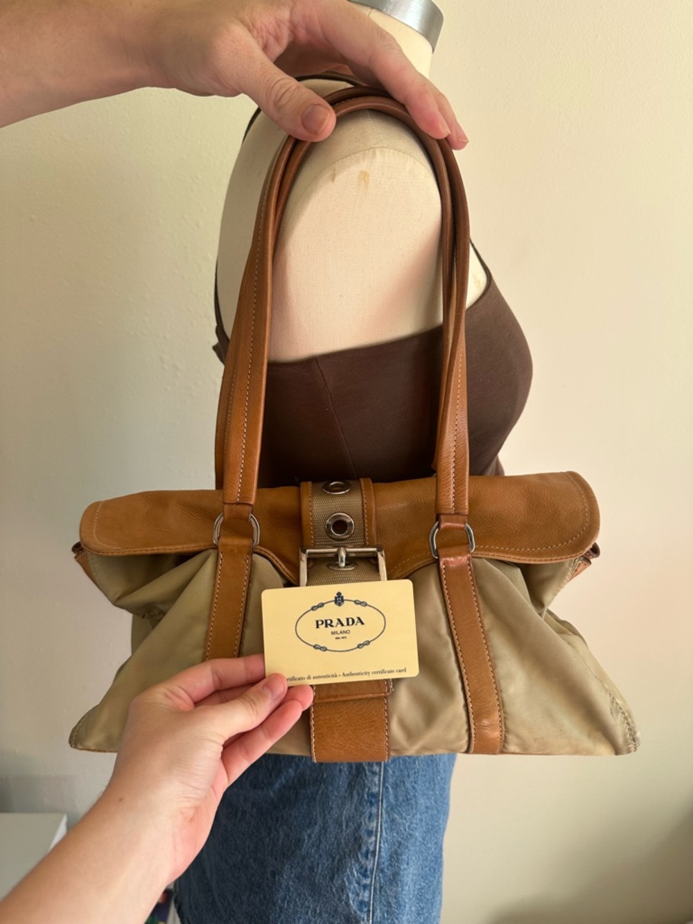 Prada BR2418 Tessuto Vitello Nylon Leather Tote Bag Beige Camel w Authenticity
